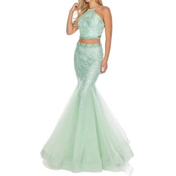 NEW RACHEL ALLAN two-piece glittering prom dress in mint
